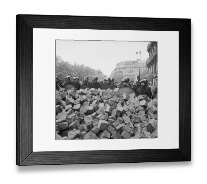 Framed Print : French Riot Police Behind Stone Barricade 1968 Framed Print : French Riot Police Behind Stone Barricade 1968