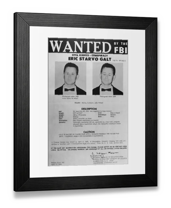 Framed Print : Suspected Assassin of Martin Luther King on Wanted Poster Framed Print : Suspected Assassin of Martin Luther King on Wanted Poster