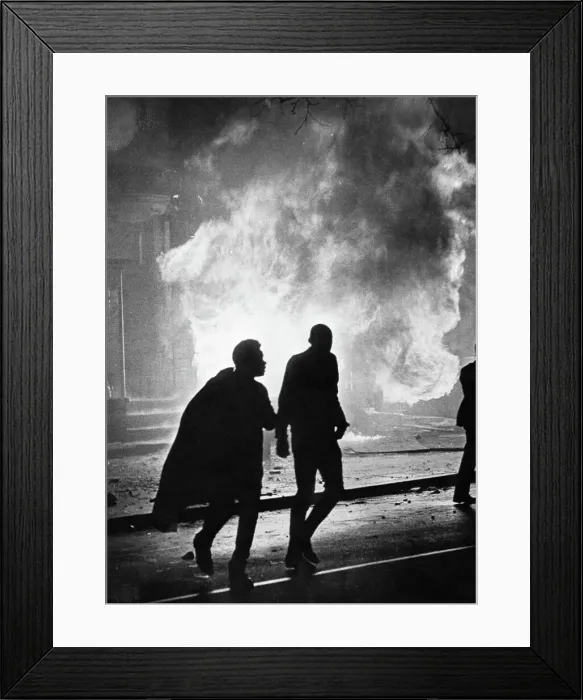 Framed Print : Figures Silhouetted by Burning Building Framed Print : Figures Silhouetted by Burning Building