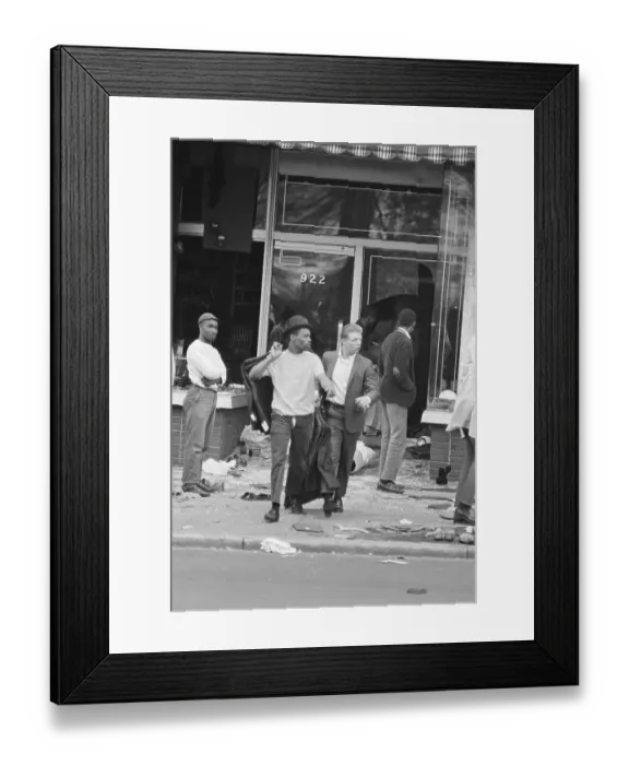 Framed Print : Black And White Looter Walking From Stor Framed Print : Black And White Looter Walking From Stor