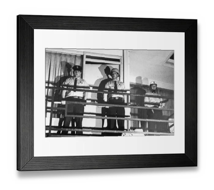 Framed Print : Policemen Guard Motel Balcony after Martin Luther King Shooting Framed Print : Policemen Guard Motel Balcony after Martin Luther King Shooting