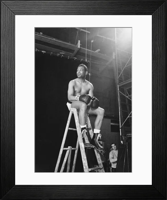 Framed Print : Sugar Ray Robinson Posing on Ladder Framed Print : Sugar Ray Robinson Posing on Ladder