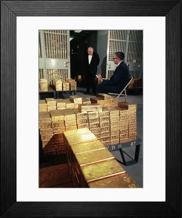 Framed Print : Stacks of Gold Being Guarded by Workers Framed Print : Stacks of Gold Being Guarded by Workers