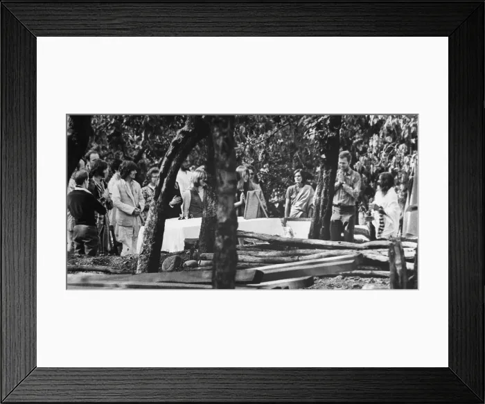 Framed Print : John Lennon, George Harrison, and Their Wives Visiting Religious Leader Framed Print : John Lennon, George Harrison, and Their Wives Visiting Religious Leader