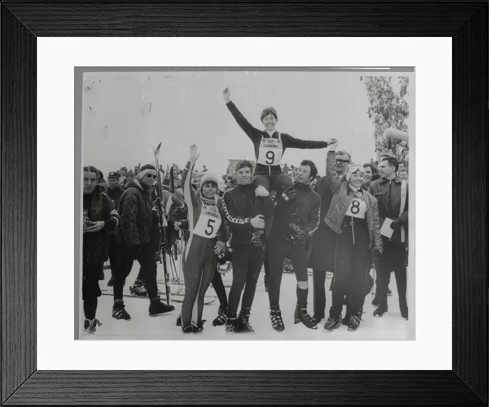 Framed Print : Nancy Greene Being Carried on Shoulders of Teammates Framed Print : Nancy Greene Being Carried on Shoulders of Teammates