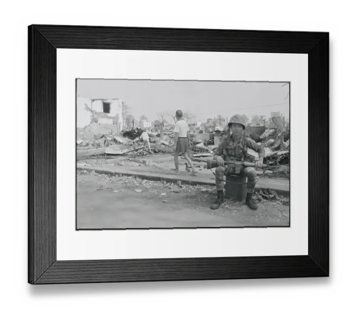 Framed Print : Soldier Sitting Amongst Debris and Ruins Framed Print : Soldier Sitting Amongst Debris and Ruins