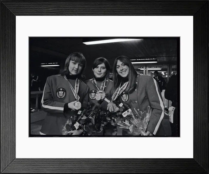 Framed Print : Winners of Ladies 500 Meter Skating Event with Awards
