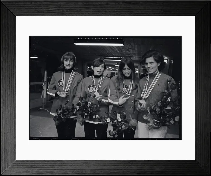 Framed Print : Winners of 500 Meter Skating Event Posing for Photograph Framed Print : Winners of 500 Meter Skating Event Posing for Photograph