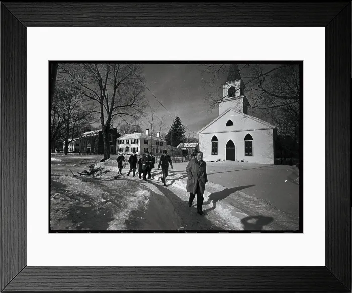 Framed Print : Governor George Romney and Newsmen Walking past Church Framed Print : Governor George Romney and Newsmen Walking past Church