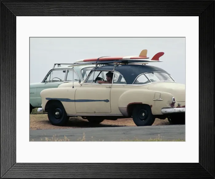 Framed Print : Surf Car. Two surfboards mounted on the roof rack of a car at a beach in Hawaii Framed Print : Surf Car. Two surfboards mounted on the roof rack of a car at a beach in Hawaii