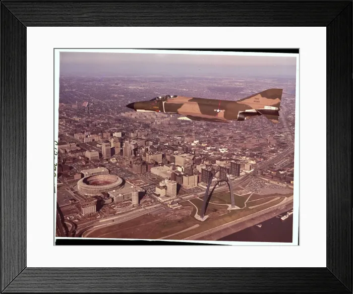 Framed Print : View of Phantom Jet Flying Over St Louis Landmarks Framed Print : View of Phantom Jet Flying Over St Louis Landmarks
