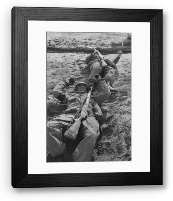Framed Print : Army Trainees Crawling under Wire Framed Print : Army Trainees Crawling under Wire