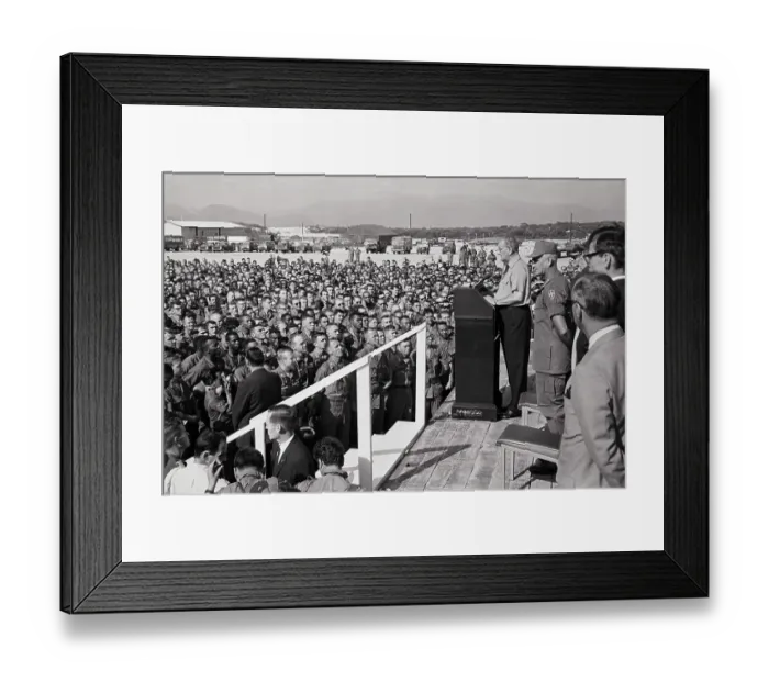 Framed Print : President Johnson Addressing Troops