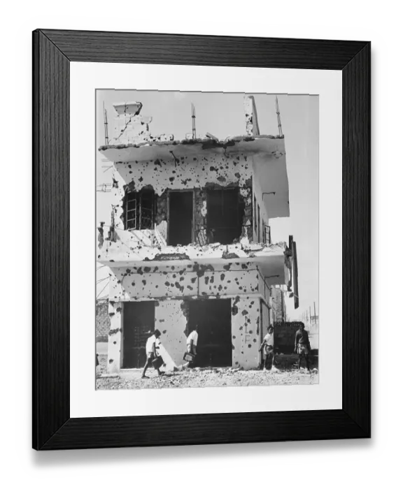 Framed Print : Children Walking by Wreckage Framed Print : Children Walking by Wreckage