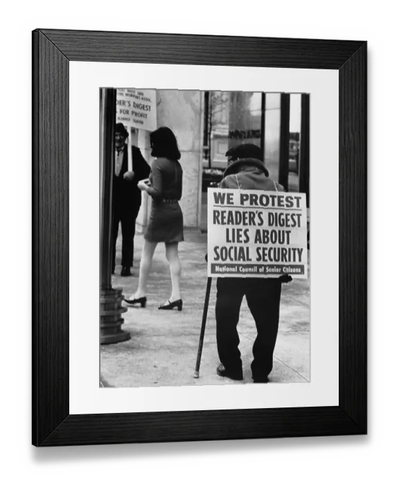 Framed Print : Elderly Protesters Admiring Mini-Skirted Woman Framed Print : Elderly Protesters Admiring Mini-Skirted Woman