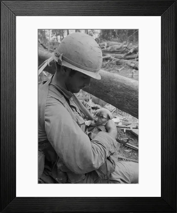 Framed Print : Soldier Cuddling a Puppy