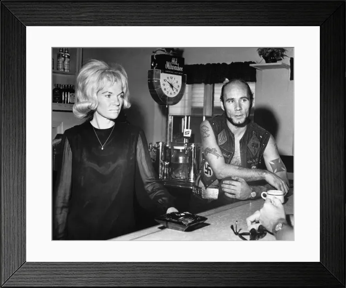 Framed Print : Woman and Biker in Her Bar Framed Print : Woman and Biker in Her Bar