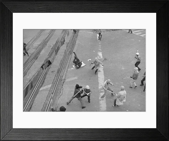 Framed Print : Overhead View of Policemen Fighting Demonstrators Framed Print : Overhead View of Policemen Fighting Demonstrators