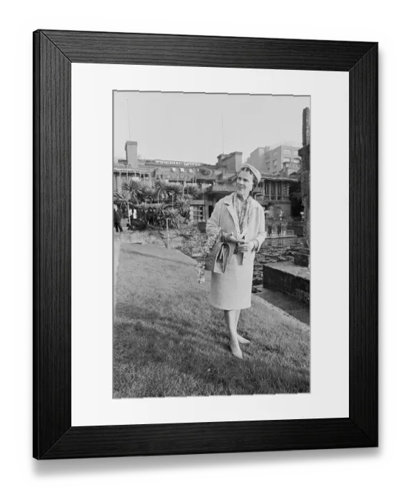 Framed Print : Mrs Frank Lloyd Wright Looking Over Imperial Hotel
