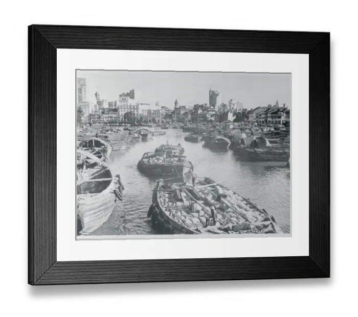 Framed Print : Men Guiding Barges Down a River Framed Print : Men Guiding Barges Down a River