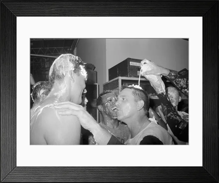 Framed Print : Teammate Pouring Shaving Cream on Dick Williams Framed Print : Teammate Pouring Shaving Cream on Dick Williams
