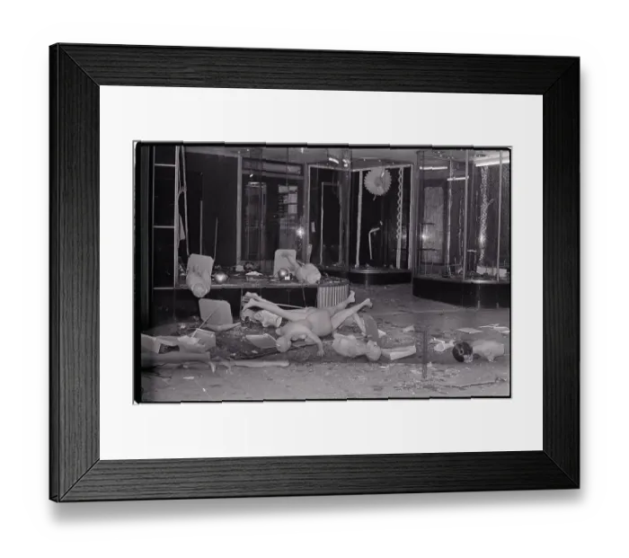 Framed Print : Mannequins Lying in Front of Looted Store Framed Print : Mannequins Lying in Front of Looted Store