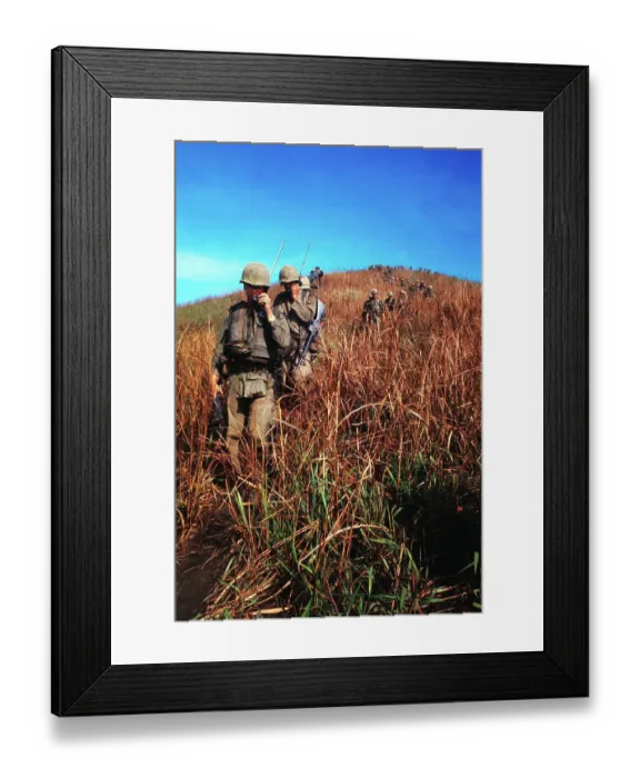 Framed Print : Soldiers Walking Through Field With Walkie Talkies Framed Print : Soldiers Walking Through Field With Walkie Talkies