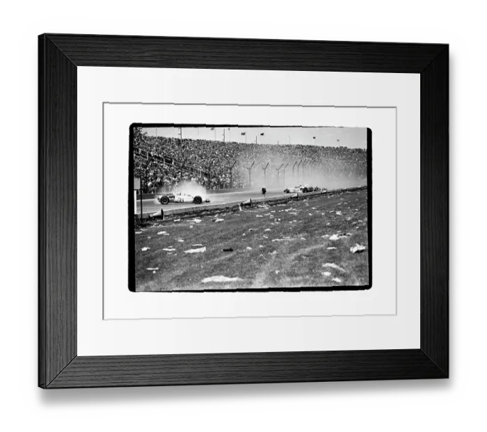 Framed Print : A.J. Foyt Racing Past Car Wrecks on Track Framed Print : A.J. Foyt Racing Past Car Wrecks on Track