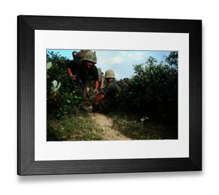 Framed Print : American Soldiers Stooping for Move in Enemy Territory Framed Print : American Soldiers Stooping for Move in Enemy Territory