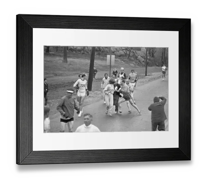 Framed Print : Male Racers Coming to Kathy Switzer's Rescue Framed Print : Male Racers Coming to Kathy Switzer's Rescue