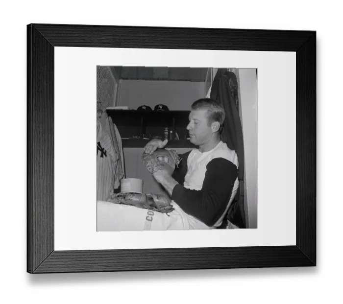 Framed Print : Mickey Mantle Conditioning His Baseball Glove