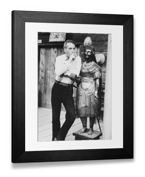 Framed Print : Portrait of Paul Newman with Native American Statue Framed Print : Portrait of Paul Newman with Native American Statue