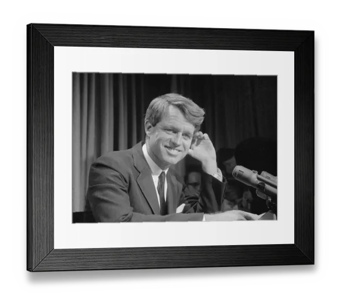 Framed Print : Robert F. Kennedy Smiling and Pausing at Microphones