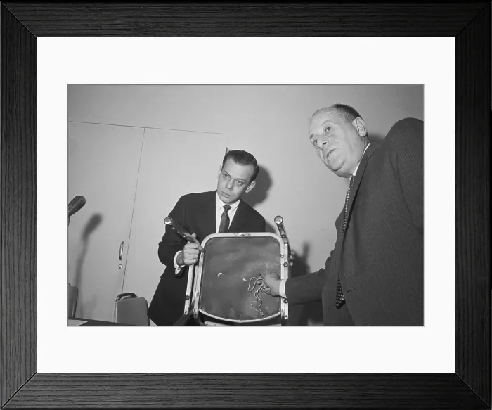 Framed Print : Albert Blumenthal and Stanley Steingut Displaying Bugged Chair Framed Print : Albert Blumenthal and Stanley Steingut Displaying Bugged Chair