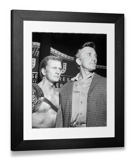 Framed Print : Kirk Douglas Posing by Wax Character of Himself Framed Print : Kirk Douglas Posing by Wax Character of Himself