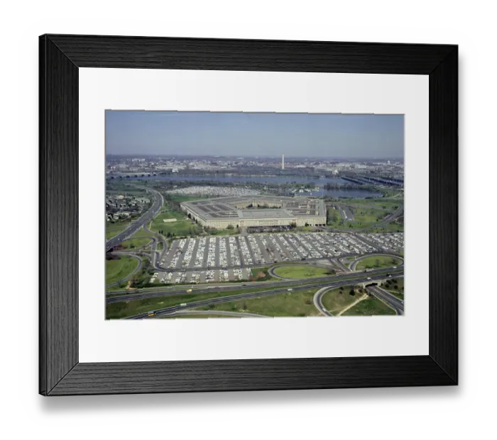 Framed Print : Pentagon. Aerial view of the Pentagon, its two large car parks Framed Print : Pentagon. Aerial view of the Pentagon, its two large car parks