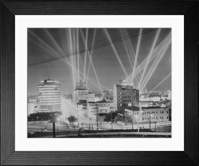 Framed Print : Lights Beaming in Sky for Film Opening Framed Print : Lights Beaming in Sky for Film Opening