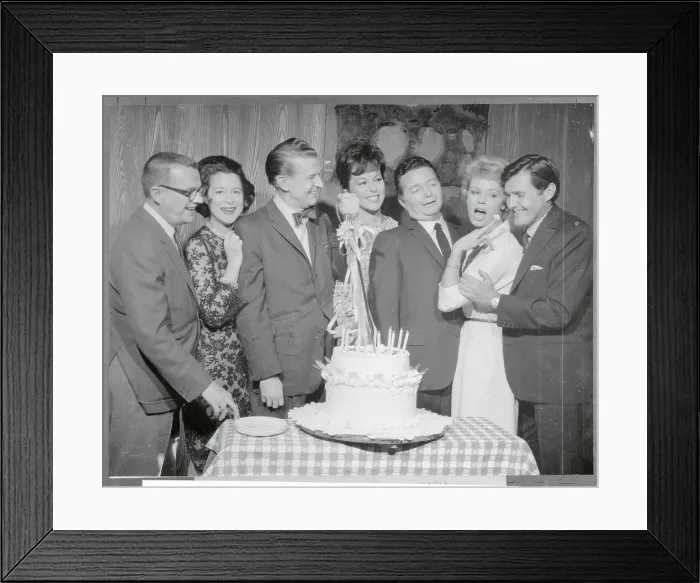 Framed Print : Game Show Stars Grouped Around Cake Framed Print : Game Show Stars Grouped Around Cake