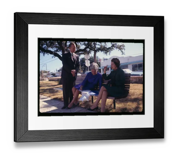 Framed Print : Lady Bird Johnson and Life Magazine Personnel Sitting on Bench