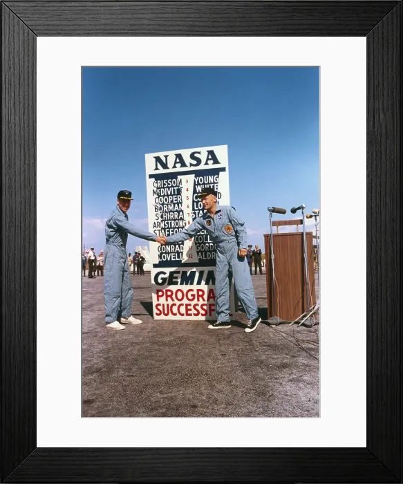 Framed Print : James Lovell and Buzz Aldrin Shaking Hands at NASA Sign Framed Print : James Lovell and Buzz Aldrin Shaking Hands at NASA Sign