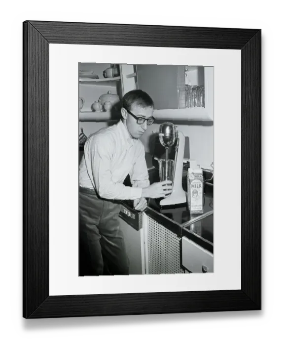Framed Print : Woody Allen Makes Malted In His Kitchen