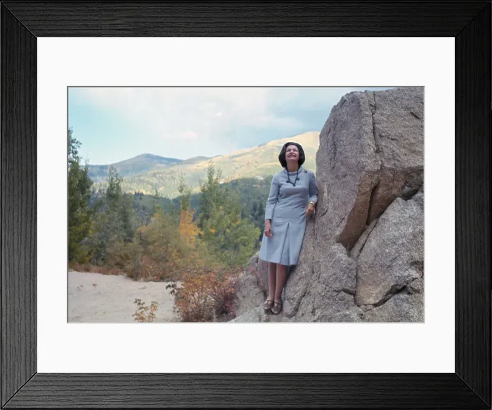 Framed Print : Lady Bird Johnson Posing Near Large Rock Formations Framed Print : Lady Bird Johnson Posing Near Large Rock Formations