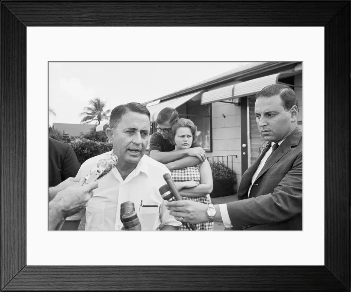 Framed Print : Father Talking to Press on Son's Murder Spree