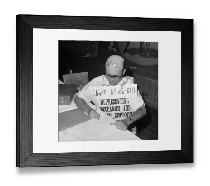 Framed Print : Machinist with Sign Votes on Contract Framed Print : Machinist with Sign Votes on Contract