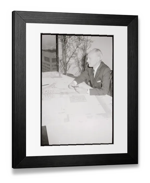 Framed Print : Philip Johnson with his City Map Plan