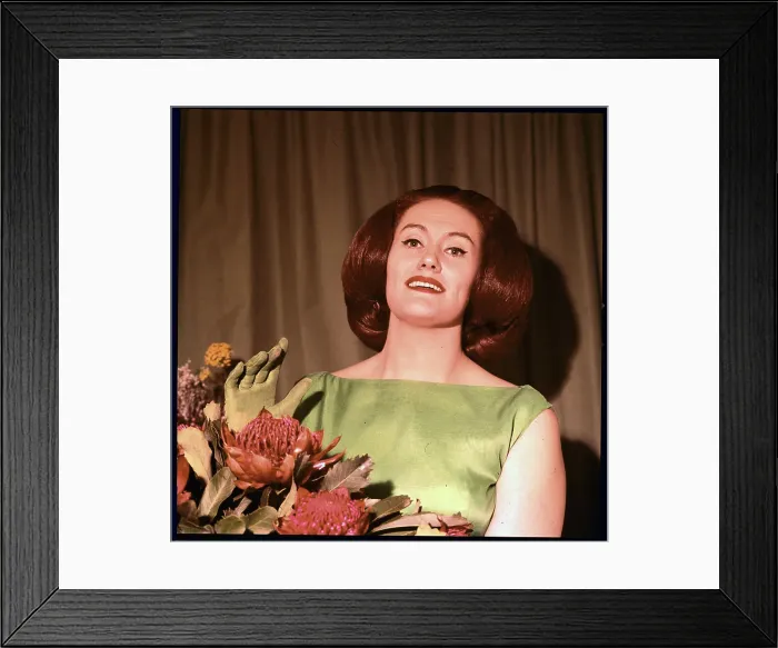 Framed Print : Joan Sutherland Holding Bouquet of Flowers Framed Print : Joan Sutherland Holding Bouquet of Flowers