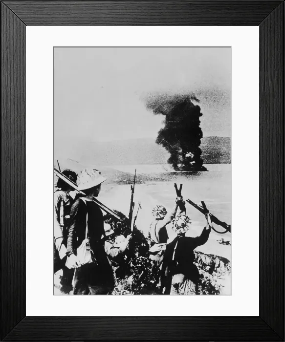 Framed Print : Troops Raising Arms in Joy at Burning Aircraft Framed Print : Troops Raising Arms in Joy at Burning Aircraft