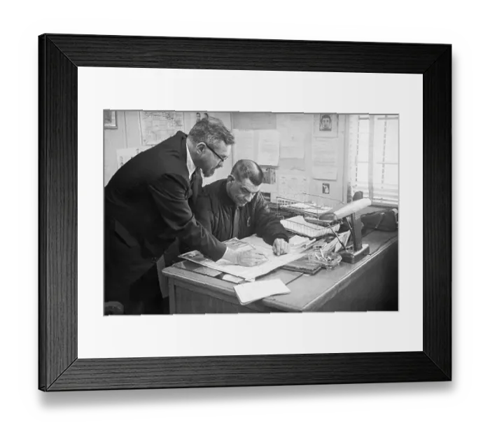 Framed Print : Ufo Expert & Police Chief Looking At Map Framed Print : Ufo Expert & Police Chief Looking At Map