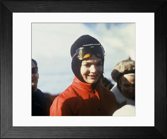 Framed Print : Jacqueline Kennedy Wearing Red Jacket and Ski Headdress Framed Print : Jacqueline Kennedy Wearing Red Jacket and Ski Headdress