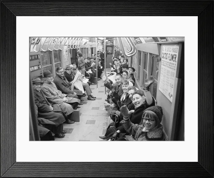 Framed Print : Smiling New Yorkers Seated in Subway Car Framed Print : Smiling New Yorkers Seated in Subway Car